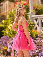 Vestido de fiesta de bienvenida sin tirantes de tul fucsia de corte en A