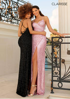 Lace Up Back High Slit Sequined Gown