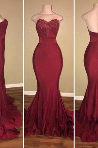 Vestidos de fiesta de sirena clásicos sin tirantes con apliques y cola de barrido