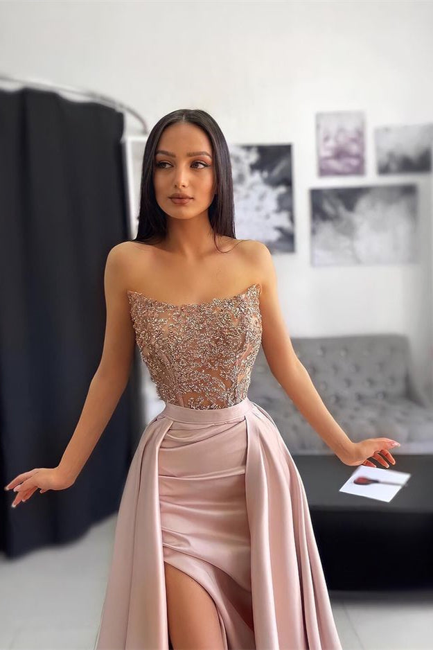 Classic Strapless Dusty Pink Prom Dresses Mermaid Slit With Lace Appliques