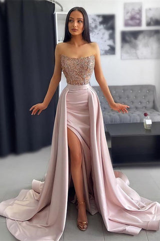 Robe de bal classique rose poudré sans bretelles, coupe sirène fendue avec applications de dentelle