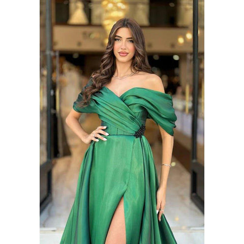 Classic & Timeless A-Line Off Shoulder Beaded and Draped Formal Party Prom Dress with High