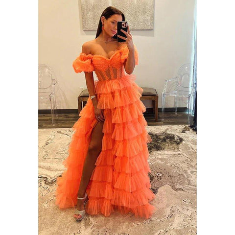 Classic & Timeless A-line Off-Shoulder Cap Sleeves Slit Formal Prom Dress