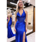 Classic & Timeless Halter Sleeveless Side Slit Trumpet Evening Party Prom Dress