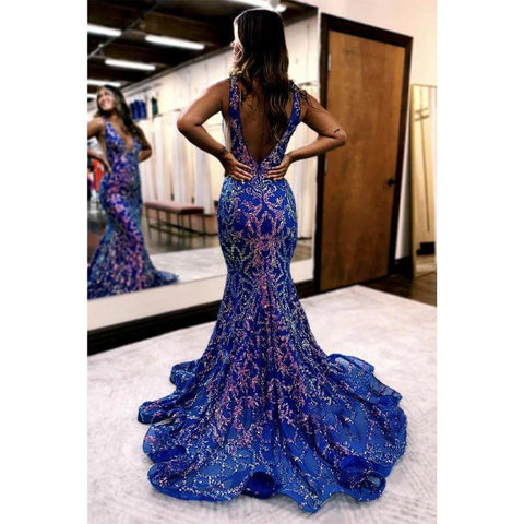 Classic & Timeless Mermaid Sequins V-neck Long Prom Evening Dresses with Appliques