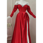 Classic & Timeless Off-Shoudler A-line Side Slit Evening Party Prom Dress With Pearls