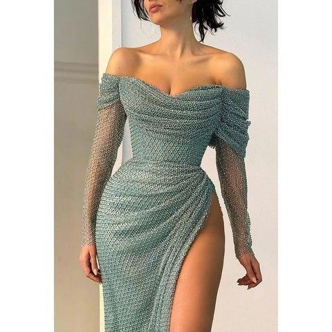 Classic & Timeless Off-Shoudler Long Sleeves Side Slit Ruched Formal Party Prom Dress