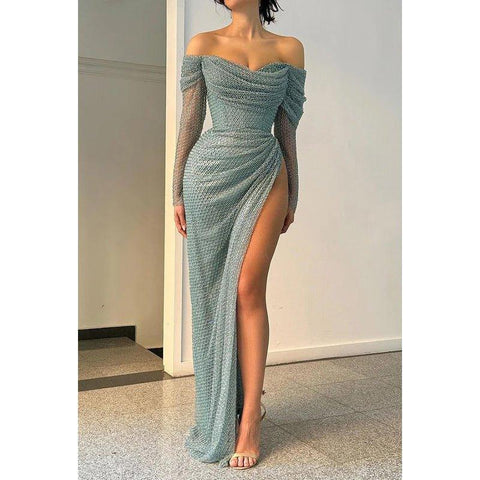 Classic & Timeless Off-Shoudler Long Sleeves Side Slit Ruched Formal Party Prom Dress