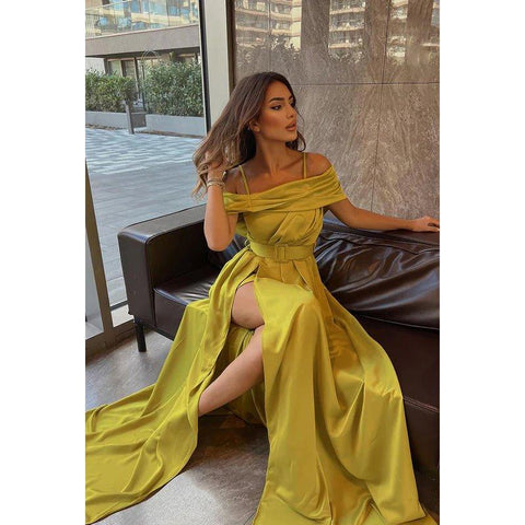 Classic & Timeless Off-Shoudler Straps A-line Side Slit Formal Party Prom Dress