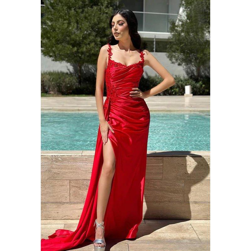 Robe de bal classique et intemporelle à bretelles fourreau/colonne, froncée, fente latérale, col en V