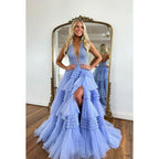 Robe de bal de fin d'année classique et intemporelle, coupe trapèze, sans manches, décolleté en V profond, fente latérale en tulle