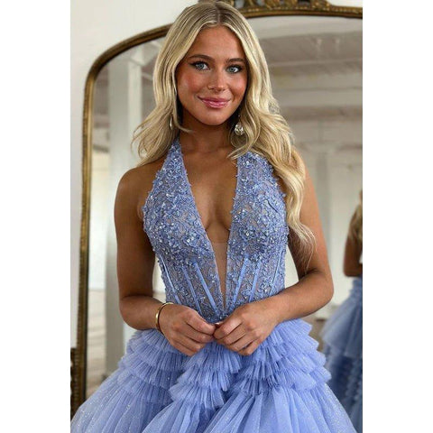 Vestido de fiesta formal de tul clásico y atemporal, sin mangas, corte A, escote en V profundo, abertura lateral