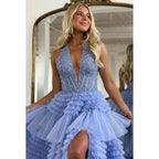 Robe de bal de fin d'année classique et intemporelle, coupe trapèze, sans manches, décolleté en V profond, fente latérale en tulle