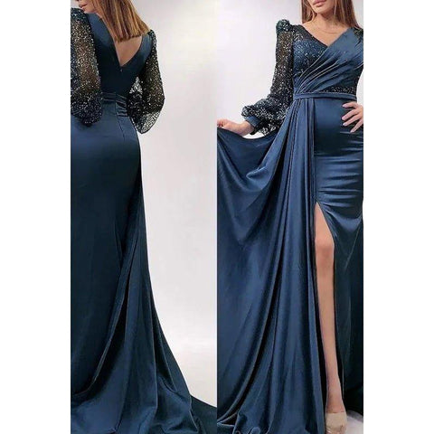 Classic & Timeless Slit Long Sleeves V-Neck Evening Party Prom Dress
