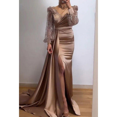 Classic & Timeless Slit Long Sleeves V-Neck Evening Party Prom Dress