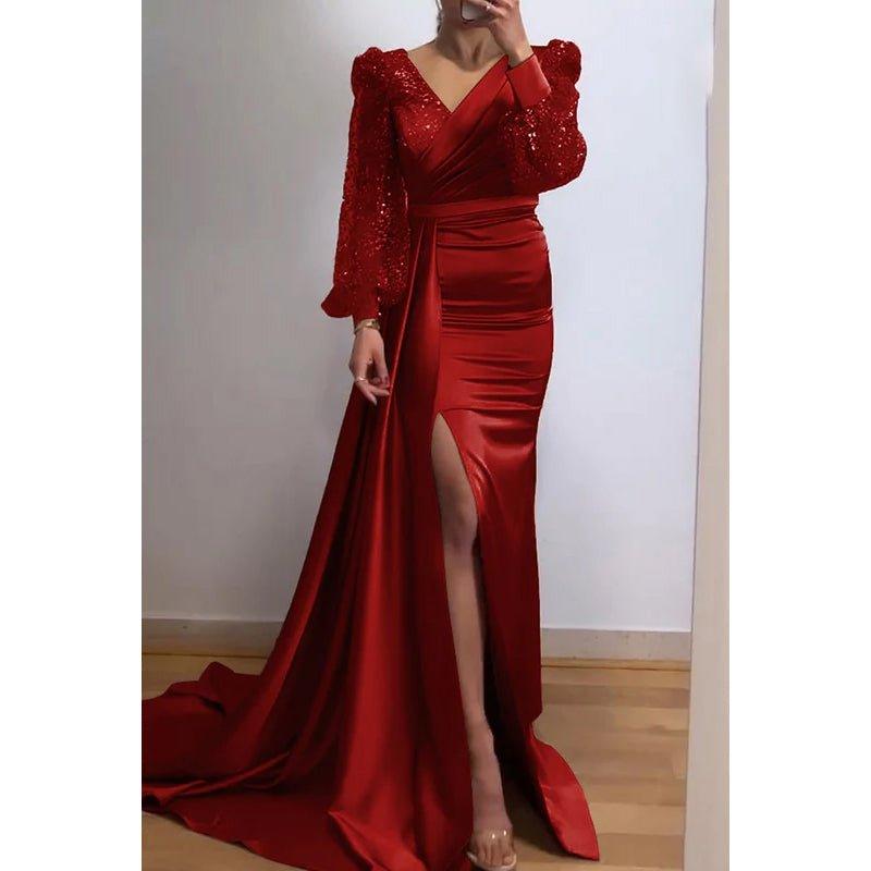 Robe de soirée classique et intemporelle à manches longues et col en V