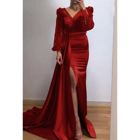 Classic & Timeless Slit Long Sleeves V-Neck Evening Party Prom Dress