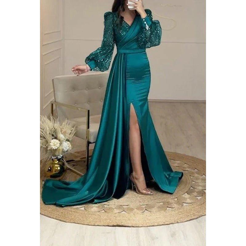 Robe de soirée classique et intemporelle à manches longues et col en V