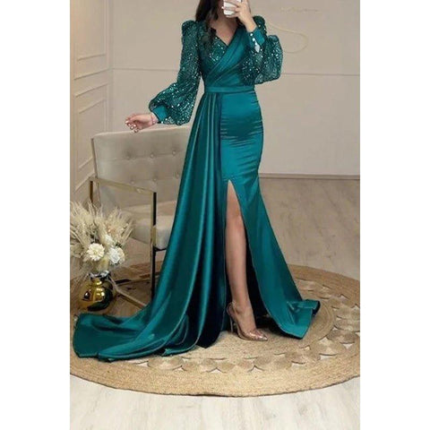 Classic & Timeless Slit Long Sleeves V-Neck Evening Party Prom Dress