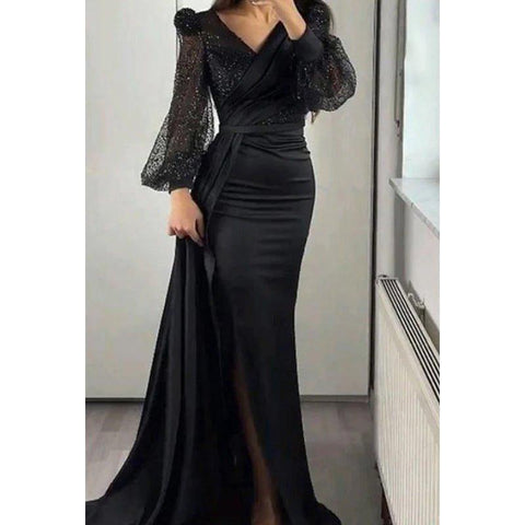 Classic & Timeless Slit Long Sleeves V-Neck Evening Party Prom Dress