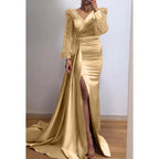 Robe de soirée classique et intemporelle à manches longues et col en V