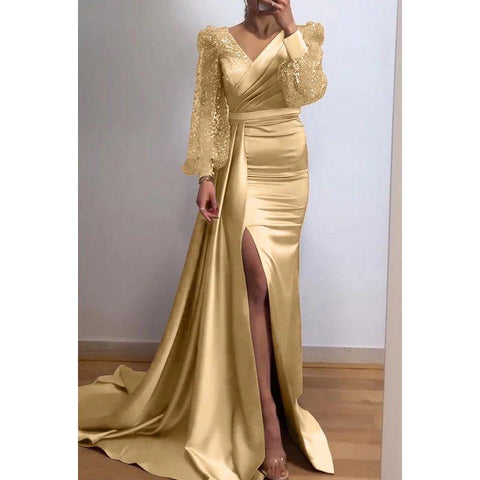 Classic & Timeless Slit Long Sleeves V-Neck Evening Party Prom Dress