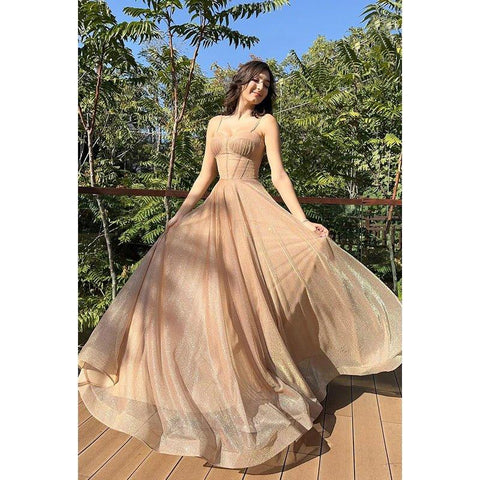 Classic & Timeless Spaghetti Straps Sparkly Tulle A-line Formal Party Prom Dress