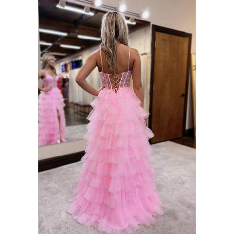 Vestido clásico y atemporal de fiesta formal de tul con tirantes finos, escote en V, corte A y abertura lateral