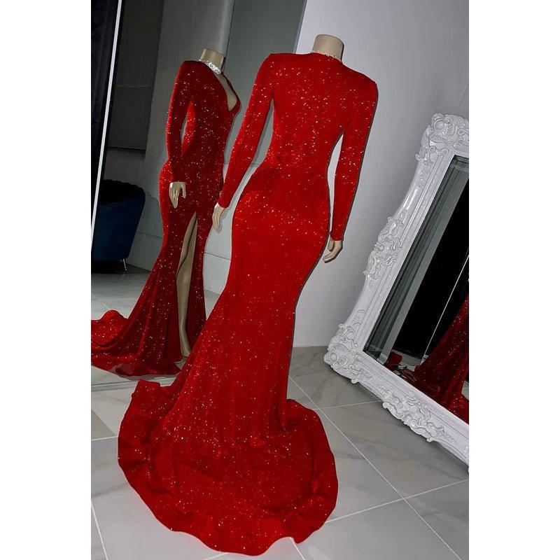 Robe de soirée sirène fendue à paillettes, classique et intemporelle, col en V, manches longues