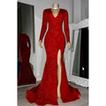 Robe de soirée sirène fendue à paillettes, classique et intemporelle, col en V, manches longues