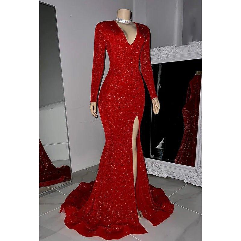 Robe de soirée sirène fendue à paillettes, classique et intemporelle, col en V, manches longues