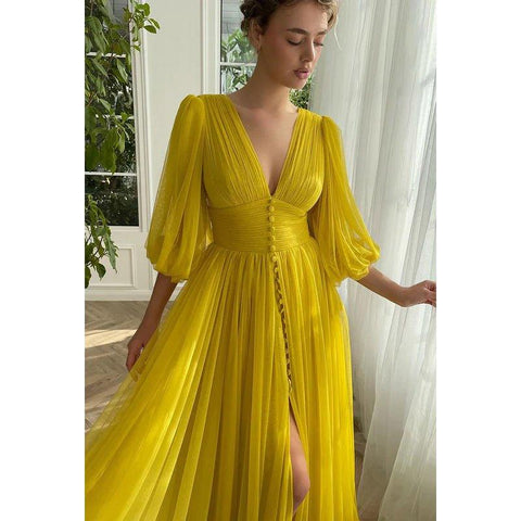 Classic & Timeless V-neck Long Sleeves A-line Slide Slit Tulee Formal Prom Dress