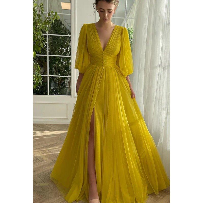 Robe de bal de fin d'année classique et intemporelle, col en V, manches longues, coupe trapèze, fente latérale, tulee