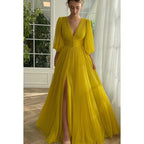 Robe de bal de fin d'année classique et intemporelle, col en V, manches longues, coupe trapèze, fente latérale, tulee