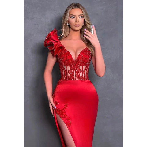 Classic & Timeless V-neck Sheath Side Slit Sleeveless Formal Prom Dress