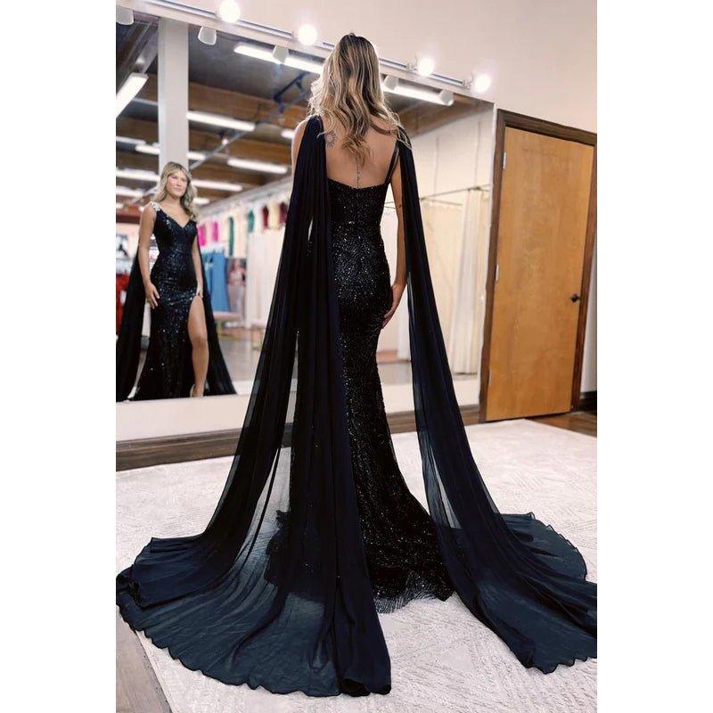 Robe de soirée classique et intemporelle à paillettes scintillantes et décolleté en V avec fente latérale