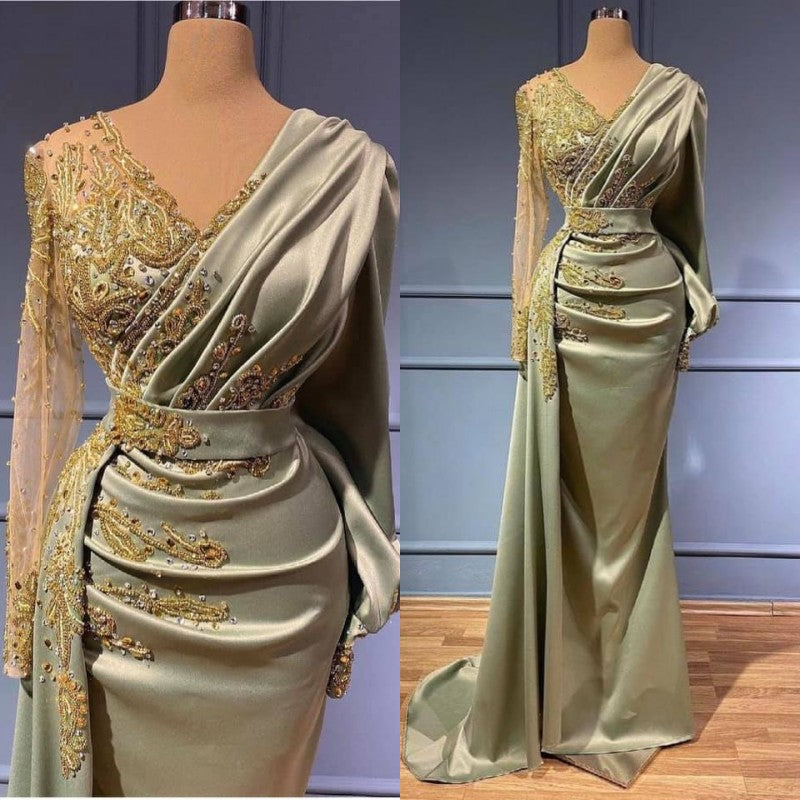 Robe de bal sirène classique à col en V, longue, ornée d'appliques et de manches longues