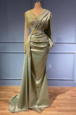 Robe de bal sirène classique à col en V, longue, ornée d'appliques et de manches longues