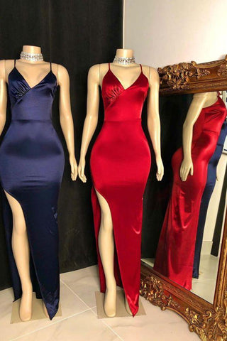 Vestidos de fiesta de sirena de satén con escote en V clásico, tirantes finos y abertura frontal