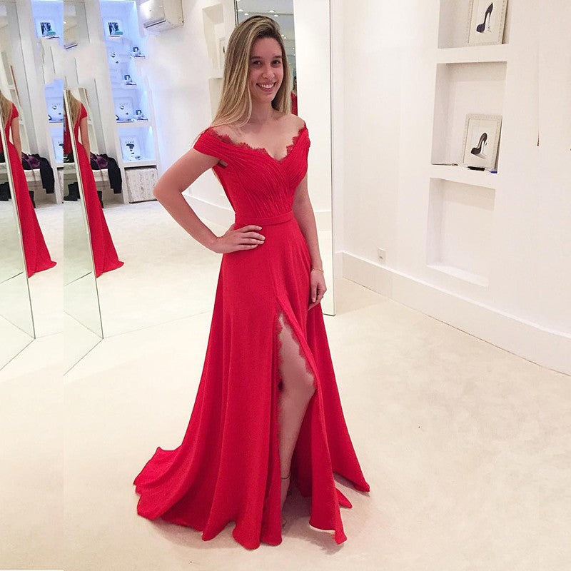 Classy A-Line Off-the-shoulder Long Prom Dress With Slit