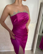 Classy Fuchsia Strapless Crystal Evening Party Gowns Long Slit Online