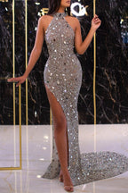 Classy Halter Split Mermaid Prom Dress Long With Sequins Crystals High Neck