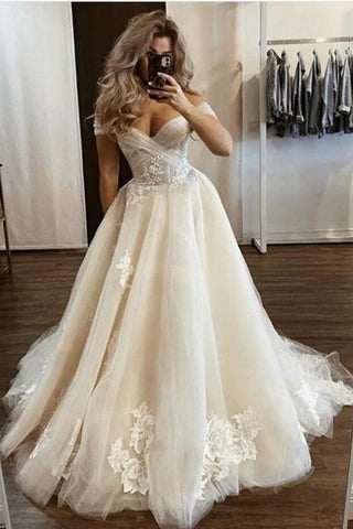 Elegante vestido de novia largo de corte A con hombros descubiertos, de tul y encaje