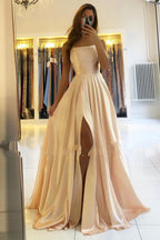 Classy Long A-line Satin Open Back Prom Dress with Slit