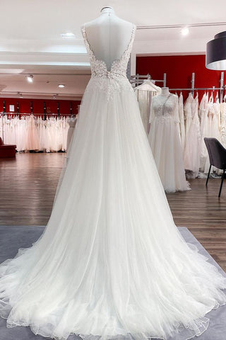 Elegante vestido de novia largo de corte A, tul, escote en V, sin mangas, encaje