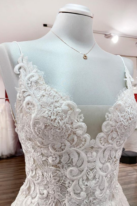 Classy Long A-line Tulle V Neck Sleeveless Lace Wedding Dress