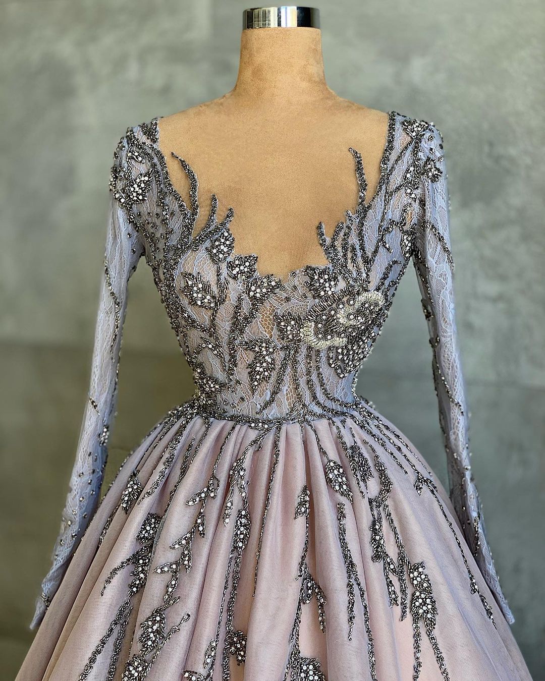 Classy Long A-line V-neck Beading Tulle Prom Dress with Sleeves