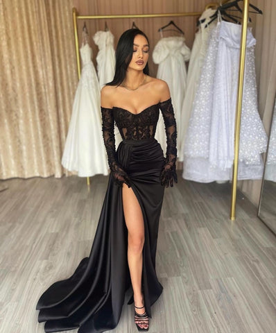 Classy Long Black Off-the-Shoulder Lace Mermaid Long Sleeves Evening Party Gowns Long Slit Online