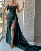 Classy Long Dark Green Sleeveless Beading Evening Party Gowns Long Slit Online