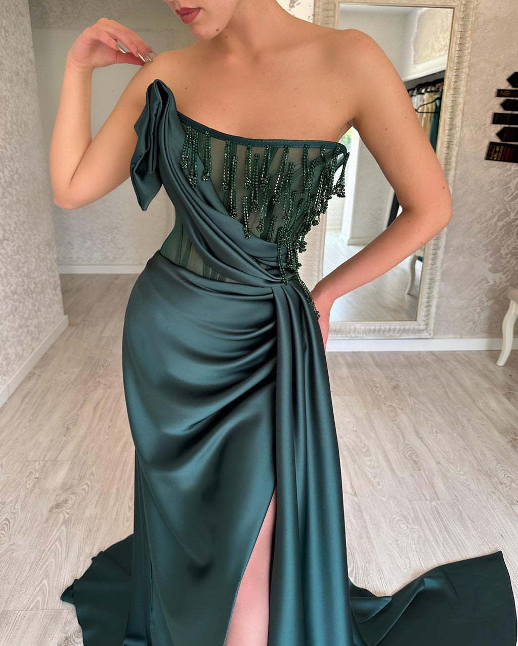 Classy Long Dark Green Sleeveless Beading Evening Party Gowns Long Slit Online